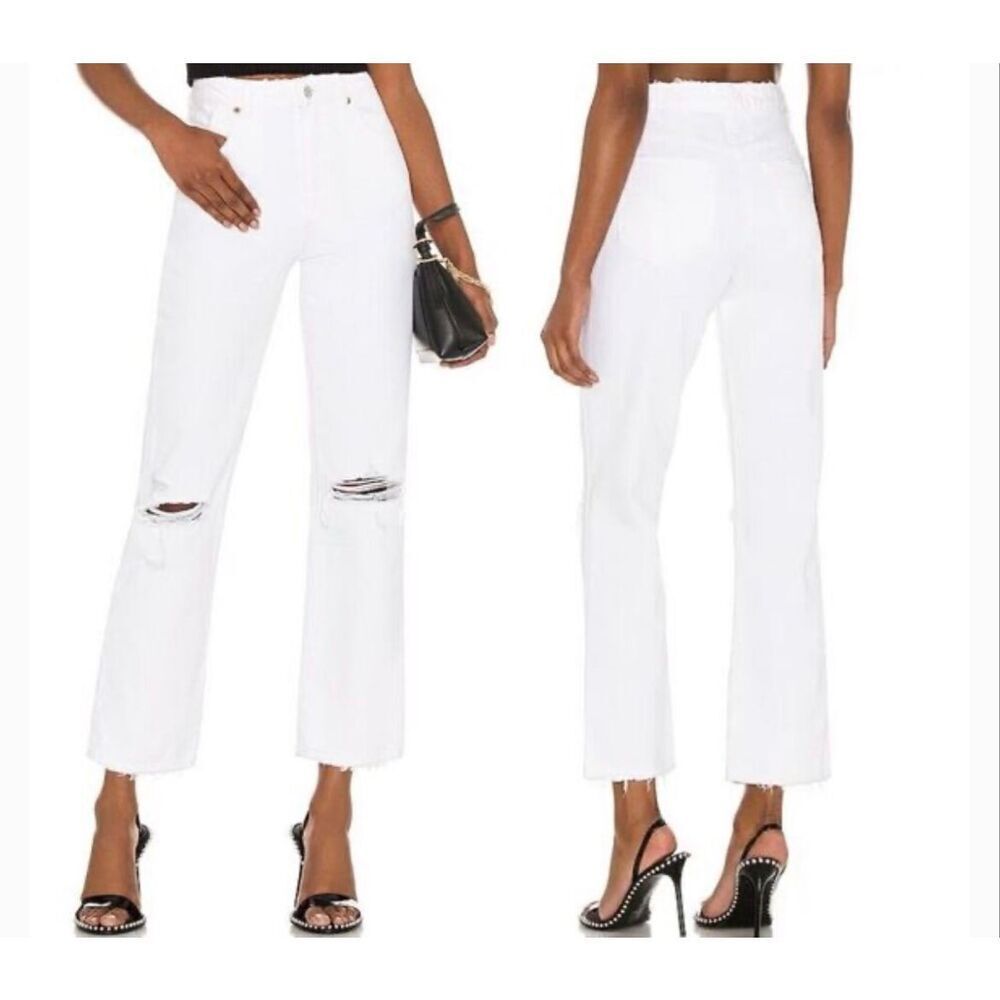 Rollas Layla high rise straight white distressed knee jeans size 27